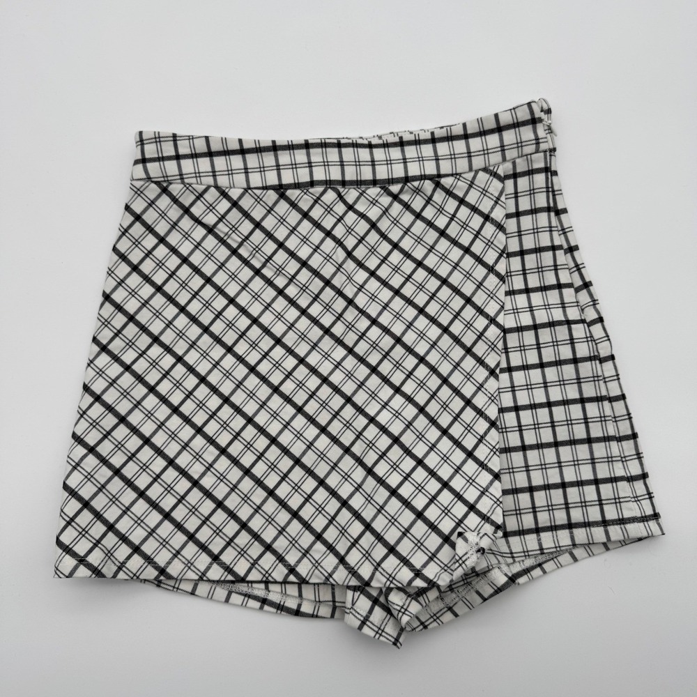 Garage Plaid Mini Skort Womens Small Black White Checkered Wrap Front